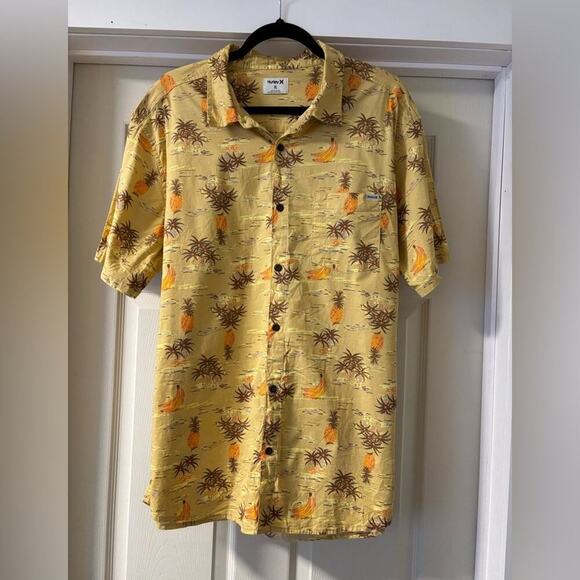 Men’s Short Sleeve Yellow Button Down Cotton Hurley Hawaiian Shirt Size XL - Picture 1 of 6
